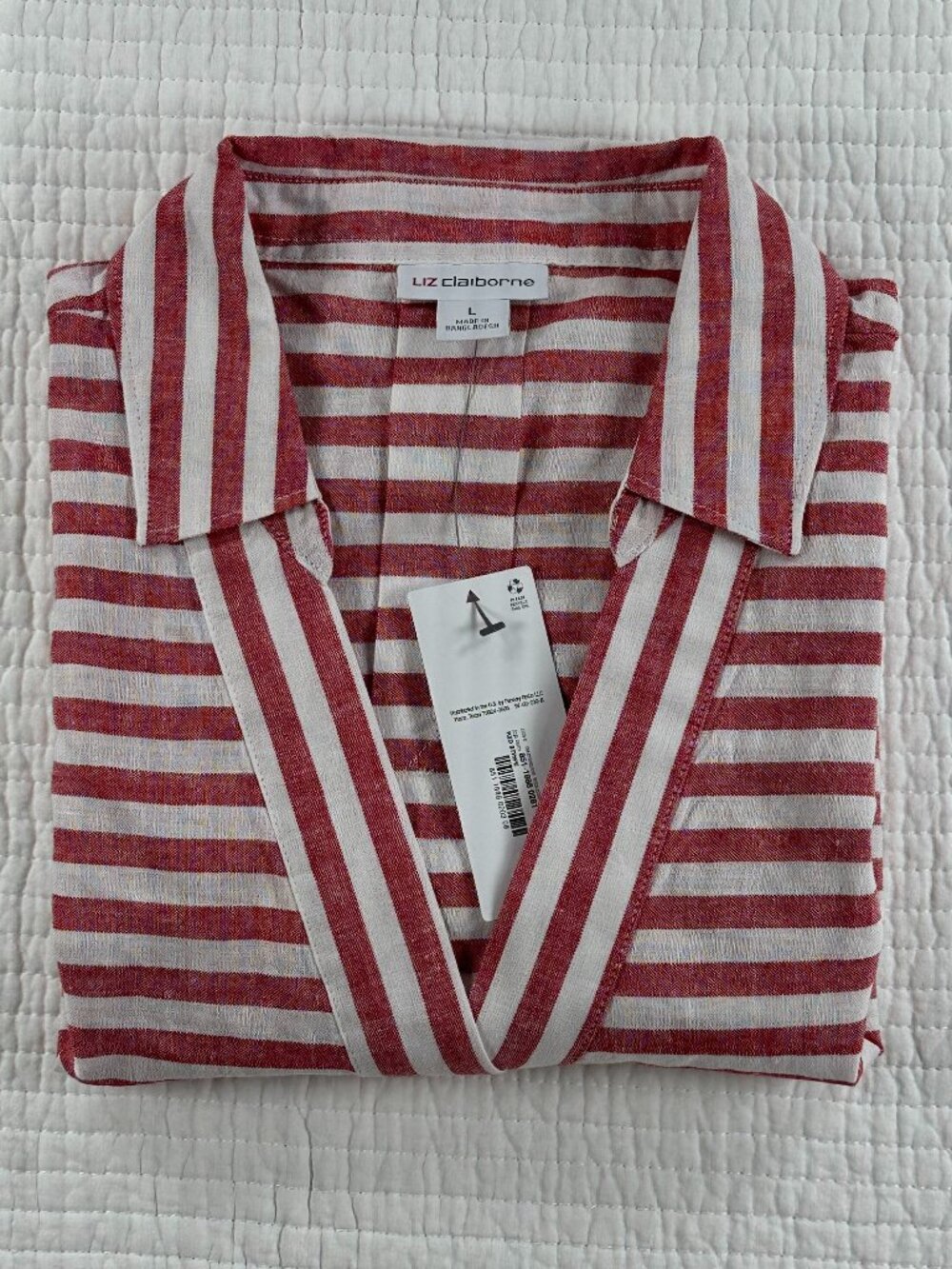 Liz Claiborne Linen Blend Striped Tunic Top Red White V-Neck Womens Size L NWT